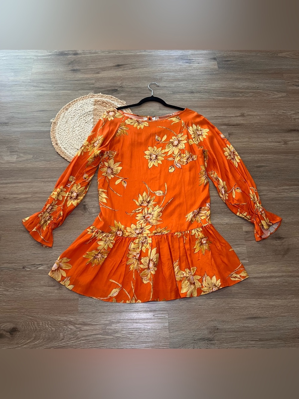 FREE PEOPLE Orange Long Sleeve Floral Print Tunic Mini Dress NWOT
